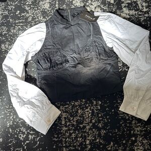 NWT Black Corset Style Blouse With White Puff Sleeves Size S